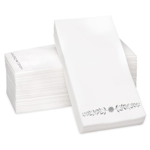 Silver Foil Stamped Airlaid Paper Dinner Napkins – 1/6 Fold 12"x17" Disposable Guest Hand Towels - Absorbent, Linen-Like Feel for Weddings, Receptions, Parties and Bathroom (Silver, 100 Count)