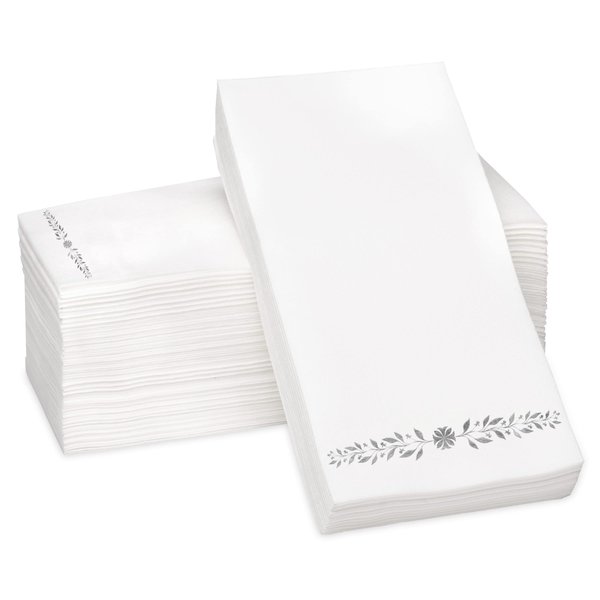 Silver Foil Stamped Airlaid Paper Dinner Napkins – 1/6 Fold 12"x17" Disposable Guest Hand Towels - Absorbent, Linen-Like Feel for Weddings, Receptions, Parties and Bathroom (Silver, 100 Count)