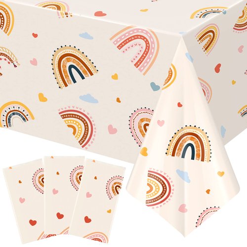 Remerry 3 Pcs Boho Rainbow Tablecloths 108 x 54 Inch Plastic Rainbow Waterproof Table Cover Bohemian Rainbow Tablecloths Kids Party Tablecovers for Boho Birthday Party Decor Supplies