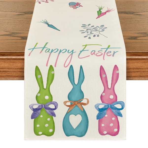 Artoid Mode Green Blue Pink Rabbit Bunny Happy Easter Table Runner, Spring Seasonal Holiday Kitchen Dining Table Decoration for Home Party Decor 13 x 72 Inch