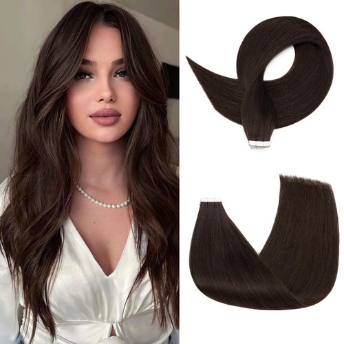 Tape in Hair Extensions Real Human Hair 20pcs 50g 100% Remy Hair Extensions of Balayage Dark Brown Seamless Straight Double Sided Tape in Human Hair Extensions (22 inch #02)