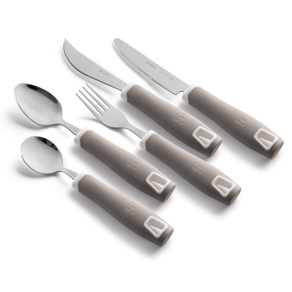 Special Supplies Adaptive Utensils 5-Piece Set Non-Weighted, Non-Slip Handles for Hand Tremors, Arthritis, Parkinson’s or Elderly Use - Stainless Steel Knife, Rocker Knife, Fork, Spoons (Grey)