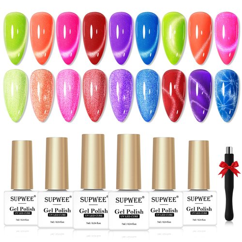 SUPWEE Neon Cat Eye Gel Nail Polish, 6 Colors Magnetic Gel Nail Polish Summer Colors Green Yellow...