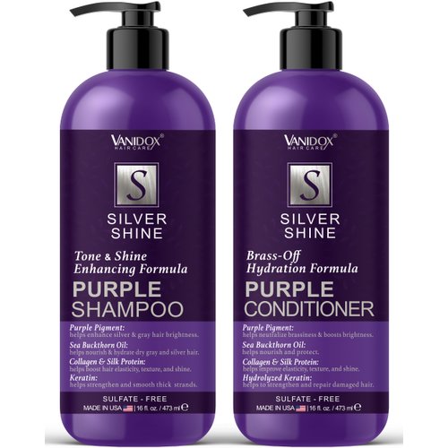 VANIDOX Sulfate Free Purple Shampoo and Conditioner Set for Grey and Silver Hair, Brass Toning Purple Shampoo Infused with Purple Pigment, Purple Shampoo for Gray Hair for Women (16 fl oz each)