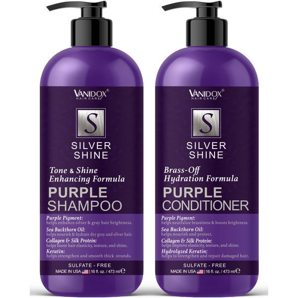 VANIDOX Sulfate Free Purple Shampoo and Conditioner Set for Grey and Silver Hair, Brass Toning Purple Shampoo Infused with Purple Pigment, Purple Shampoo for Gray Hair for Women (16 fl oz each)