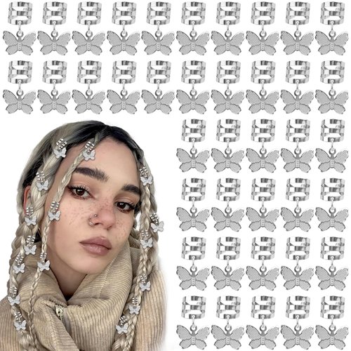 40 Pcs Silver Butterfly Braid Hair Clips Jewelry Cuffs Butterflies Dreadlock Braids Pendants Clip Adjustable Metal Butterflies Decoration Rings Clips Braid Hair Charms Styling Accessories for Women