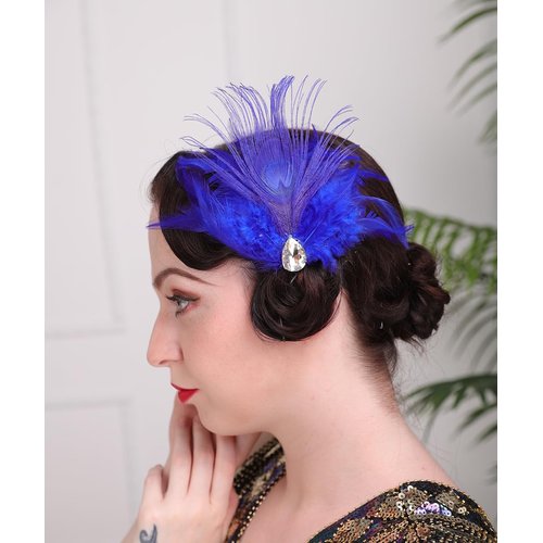 Teyglen 1920s Feather Headpiece Flapper Feather Headband Royal Blue Feather Hair Clip Crystal Hair Band Roaring 20 Hair Accessories Great Gastby Headpiece for Women Girls (Clip)