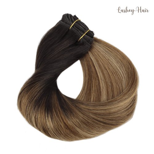 Clip in Hair Extensions, 22 inch Dark Brown to Chestnut Brown and Dirty Blonde Highlighted Hair Extensions Clip in Human Hair Lashey Hair Extensions Real Human Hair 120g 7pcs