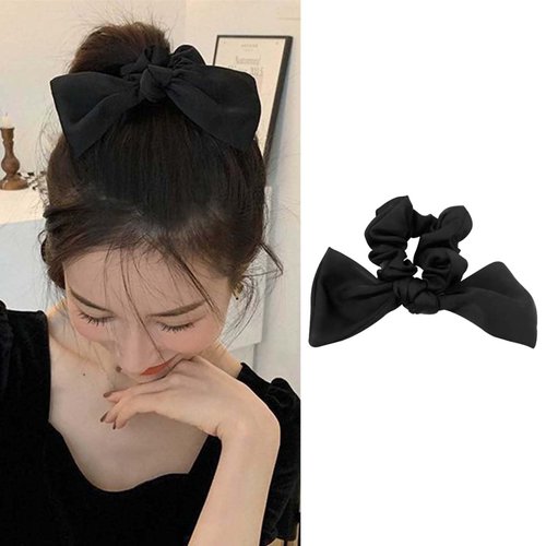 Crymystal Silky Ribbon Bow Hair Ties Black Bow Elastic Band Bow Hair Rope Tie Satin Bow Ponytail Holder Beaded Hair Rope Long Ponytail Scrunchies Hair Accessories for Women and Girls (Black)