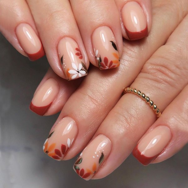 Fall Short Press on Nails French Tip Fake Nails Medium Length Hand-Painted Short Nails Glossy Nude with Leaves Designs Acrylic Nails Brown Nail Tips Full Cover Glue on Nails for Women Girls