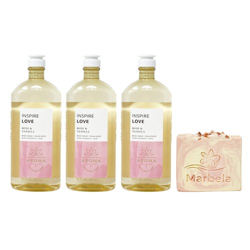 Bath & Body Works Aroma Inspire Love ROSE + VANILLA 3 Pack Body Wash + Foam Bath Set with a Himalayan Salts Springs Bar Soap - Full Size