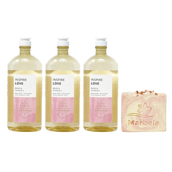Bath & Body Works Aroma Inspire Love ROSE + VANILLA 3 Pack Body Wash + Foam Bath Set with a Himalayan Salts Springs Bar Soap - Full Size