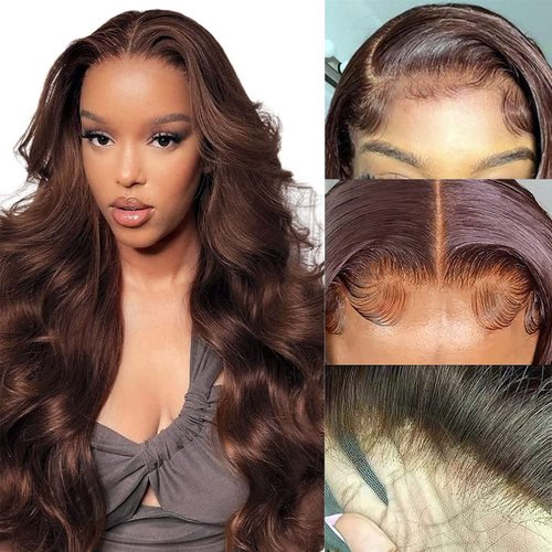 4# Brown Color Body Wave 13x4 Lace Front Wigs Human Hair Pre Plucked HD Transparent Lace Front Glueless Wigs 180% Density Brazilian Human Hair with Baby Hair Natural Hairline Wigs for Women(18 Inch)