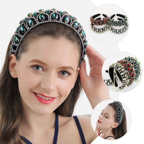 SOLUSTRE Rhinestone Hairband Baroque Beaded Headbands Crystal Hairband Hair Hoop Wide Headpiece for Women Girls, Green
