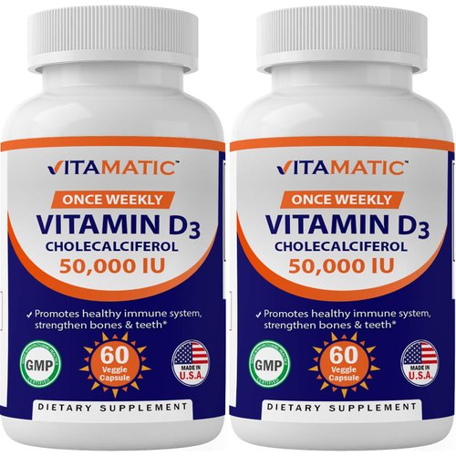 Vitamatic 2 Pack Vitamin D3 50,000 IU (as Cholecalciferol), Once Weekly Dose, 1250 mcg, 60 Veggie Capsules 1 Year Supply, Progressive Formula Helping Vitamin D Deficiencies (Total 120 Veg Capsules)