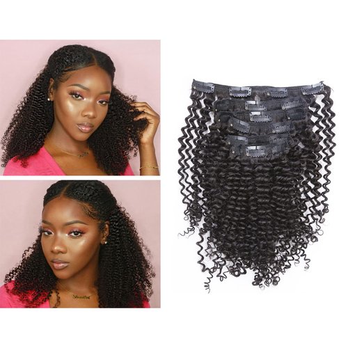 Afro Kinky Curly Clip in Human Remy Hair Extensions Brazilian Curly Clips Hair Extensions 4B 4C 8A Virgin Thick Natural Black Color Clip on For Black Women 10-22 inch (20 inch, KC #1B)
