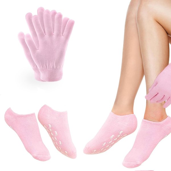 ZFYOUNG Moisturizing Socks & Gloves Set,Silicone Socks Gel Gloves for Women,Aloe Gel Socks,spa Socks,Soften Repairing Dry Cracked Hands and Feet Skin SPA Care (Glove+Socks, Pink)