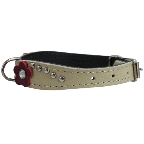 Beige Genuine leather Designer Dog Collar 11" x3/4" with Studs, Daisy, and Rhinestone