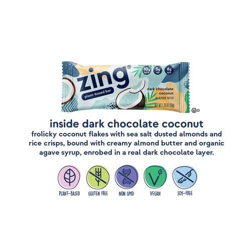 Zing Dark Chocolate Coconut Vegan Protein Bars, Gluten Free with High Protein, High Fiber, Dairy Free Nutrition Bars, Plant Based Protein, Kosher, Low Sugar, No Sugar Alcohols - 12 count