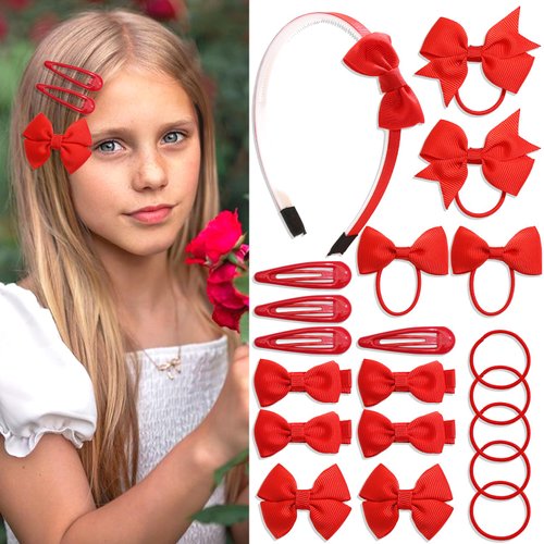 SAWINDA 20Pcs Red Bows Set for Girls Hair School Uniform Bow Headbands Hair Ties Snap Hair Clips Girls Hair Bow Clips Grosgrain Ribbon Hair Bow Clips Accessories for Toddler Little Girls