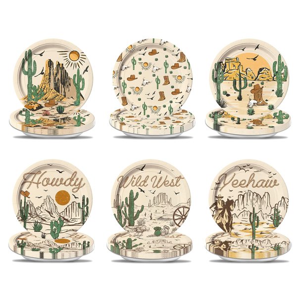 NUTTYBASH 60 Pcs Western Cowboy Paper Plates, Rodeo Theme Birthday Party Decorations Cowboy Party Supplies for Wild West Cowboy Rodeo Baby Shower Party Supplies