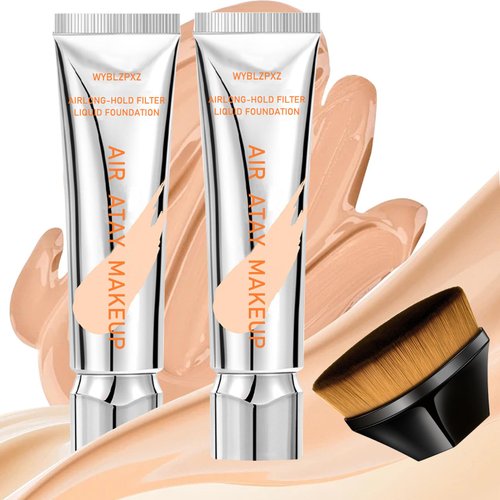 Foundation Cream,Full Coverage Liquid Foundation Lightweight Long Lasting Waterproof Concealer Foundation Makeup Kit with Brush,Oil Control & Hydrating Foundation Makeup for Women#02
