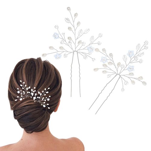 Foryysa Bridal Wedding Hair Pins for Women Silver Vine Headwear Pearl Rhinestone Flower Elegant Handmade Sparkly Bride Design (2 pcs)