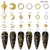 HNUIX 3D Nail Art Charms - Gold Star, Moon, Ring, Multiple Shape Gem, 3 Boxes, Metal Nail Decoration Studs