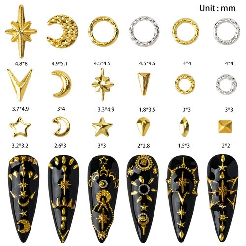HNUIX 3D Nail Art Charms - Gold Star, Moon, Ring, Multiple Shape Gem, 3 Boxes, Metal Nail Decoration Studs
