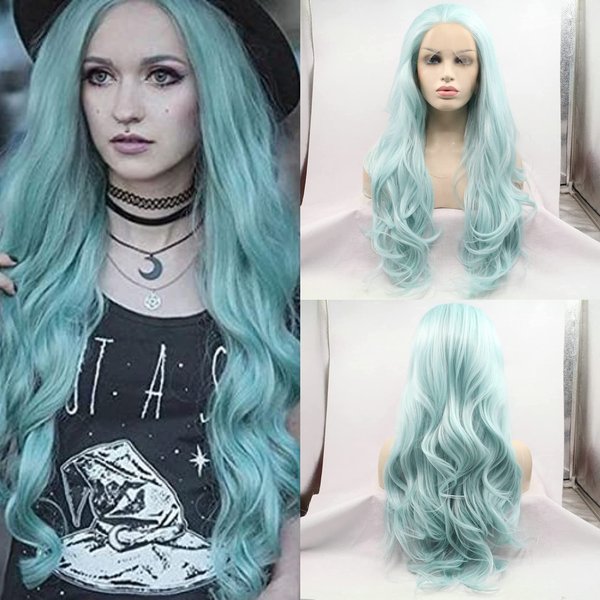 Light Blue Lace Front Wigs Long Wavy Wigs for Women Pastel Color Ice Blue Synthetic Wigs with Baby Hair Premium Heat Resistant Fiber Hair Wigs (Light Blue 24 Inch)