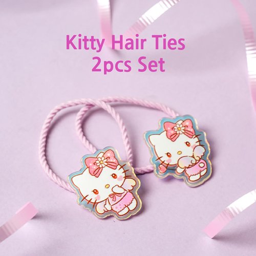 My Melody & Kitty Hair Tie Set - 2pcs Hair Band for Women, Ponytail Holders Hair Accessories No Damage for Thick Hair, Hair Elastics for Women - Pink (Kitty)
