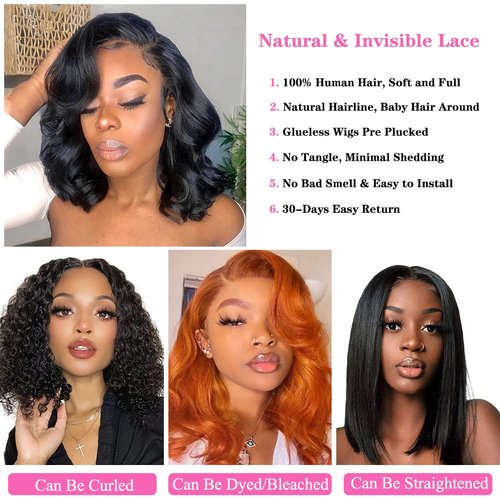 Fadaina 16 Inch Bob Wig Human Hair Wavy Body Wave 13x4 Lace Front Human Hair Wigs For Black Women Glueless Wigs Human Hair With Elastic Band Lace Frontal Wigs