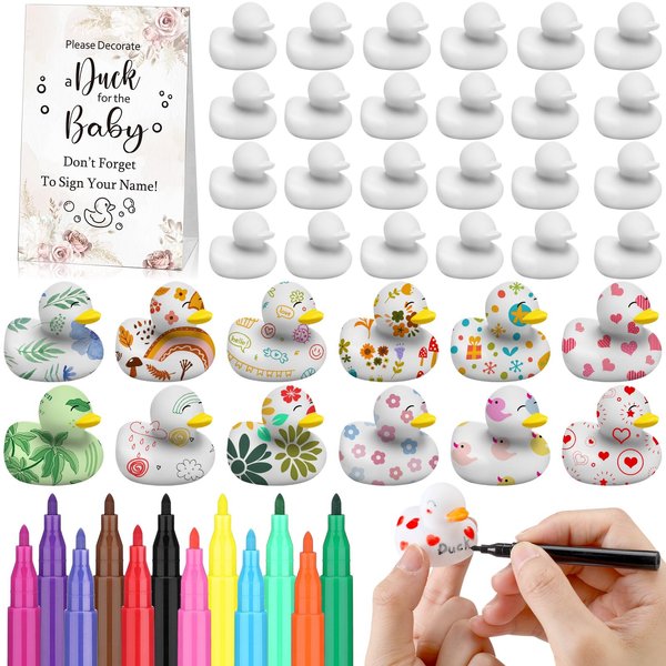 Seenelling 45 Pcs Baby Shower Decorate Ducks Game Set Includes Baby Shower Game Sign 32 DIY Blank Rubber Ducks 12 Paint Marker White Blank Rubber Duck Prize for Baby Shower Gender Revel Game(Floral)