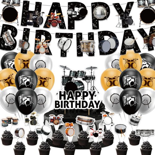Drum Party Supplies Music Drum Birthday Party Decorations Includes Drums Happy Birthday Banner Cake Topper Cupcake Toppers Balloons for Drummers Birthday Party Baby Shower Decorations