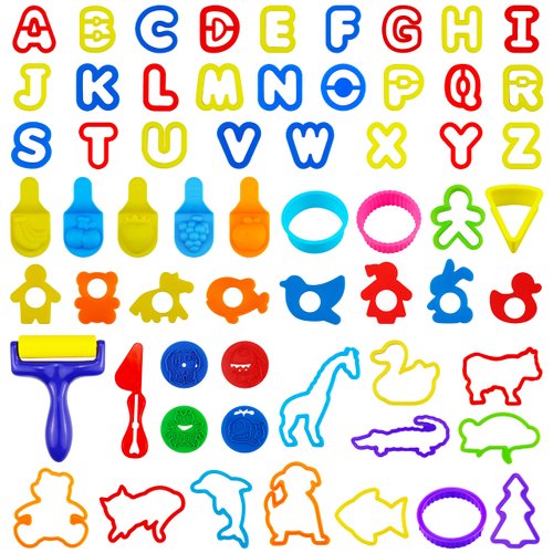 FRIMOONY Plastic Dough Tools for Kids, with Capital Letters, Cookie Cutters, Stamps, Multi-Color, 61 Pieces