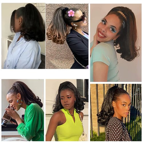 Nature Black Drawstring Ponytails for Black Women Yaki Straight Ponytail Hair Extensions Tail Warping Pony tail Hair Extensions Natural Black Synthetic 16" Hair Bun Hair Pieces for Women
