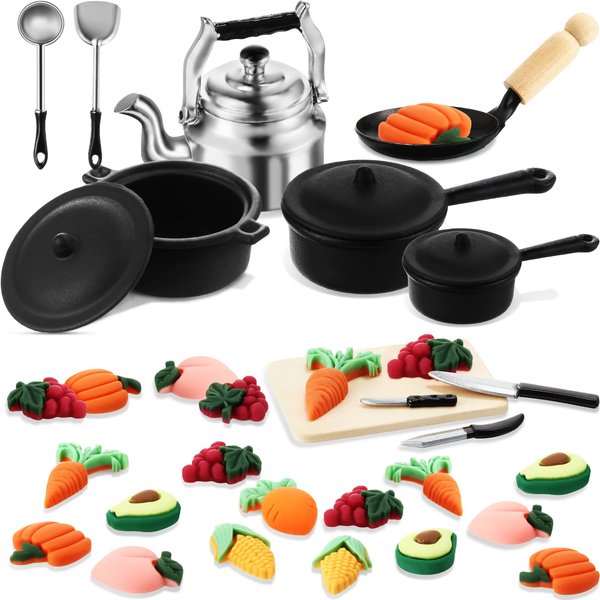 34 Pcs Miniature Dollhouse Kitchen Accessories 1/12 Scale Mini Dollhouse Metal Pots and Pans Stovetop Cookware Miniature Food Vegetables Fruits for Christmas Pretend Play Game Party Gifts Decoration
