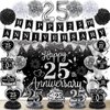 25th Wedding Anniversary Decorations Black Silver Happy 25th Anniversary Banner Backdrop Honeycomb Centerpiece Hanging Swirls Pom Poms for 25th Silver Wedding Anniversary Party Decorations Supplies