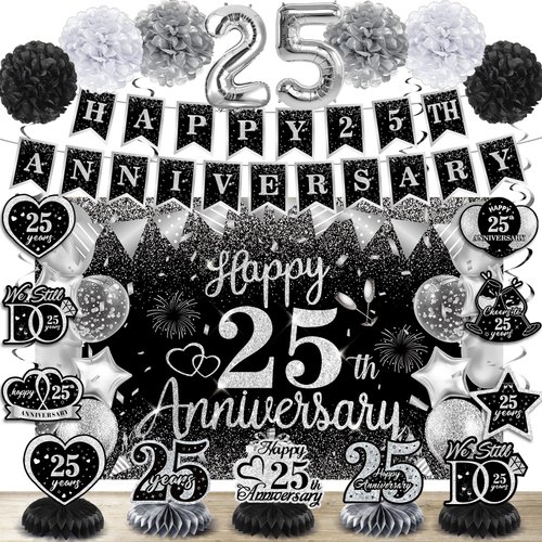 25th Wedding Anniversary Decorations Black Silver Happy 25th Anniversary Banner Backdrop Honeycom...