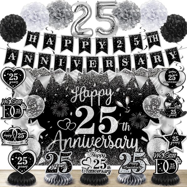 25th Wedding Anniversary Decorations Black Silver Happy 25th Anniversary Banner Backdrop Honeycomb Centerpiece Hanging Swirls Pom Poms for 25th Silver Wedding Anniversary Party Decorations Supplies