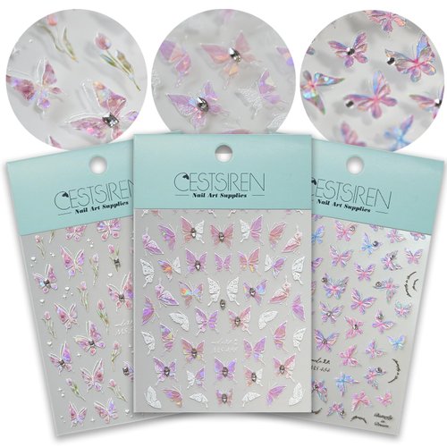 CESTSIREN Pink Butterfly Nail Art Stickers Rhinestones Aurora Nail Decals for Nail Art Design Self-Adhesive Nail Accessories for Women Nail Art Supplies 3 Sheets