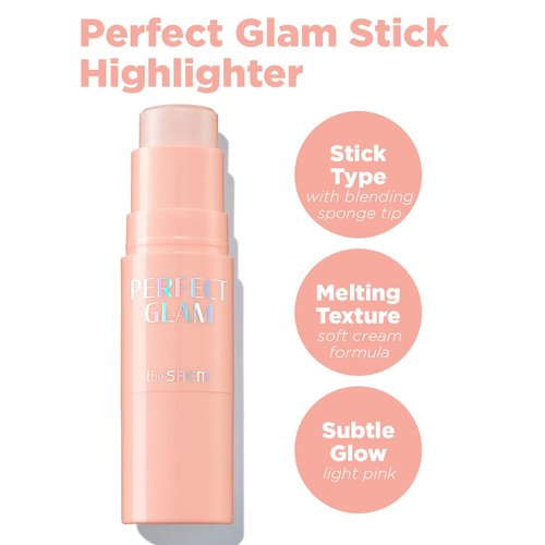 THESAEM Perfect Glam Stick Blusher with Blending Sponge WH01 Aurora Wave - Luxurious Soft Melting Balm Highlighter with Shea Butter and Ceramide NP, Natural Radiance Glow Makeup, 0.2oz.