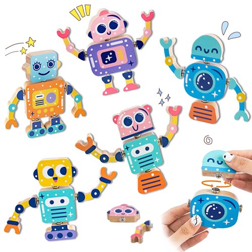 Fullware Wooden Robot Snap Building Blocks for Toddlers 1-3 4-8 2-4 Kids, 28 Psc Sets, Flexible Joint, Educational Montessori Fine Motor Skills Toys 3-4, STEM Toys, Birthday for Boys & Girls