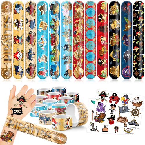 48PCS Pirate Party Favors 24PCS Tattoos 24PCS Slap Bracelets Wristbands Themed Birthdays Party Supplies Decorations Decor Mermaid Treasure Pirate Ship Captain Pattern Girl Boy Gifts School Classroom