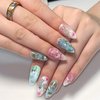 BABALAL Almond Press on Nails Medium Blue Green Fake Nails Bow Glue on Nails Cute Cat Flower Design Acrylic Nails 24Pcs Stiletto Handmade Full Cover False Nails