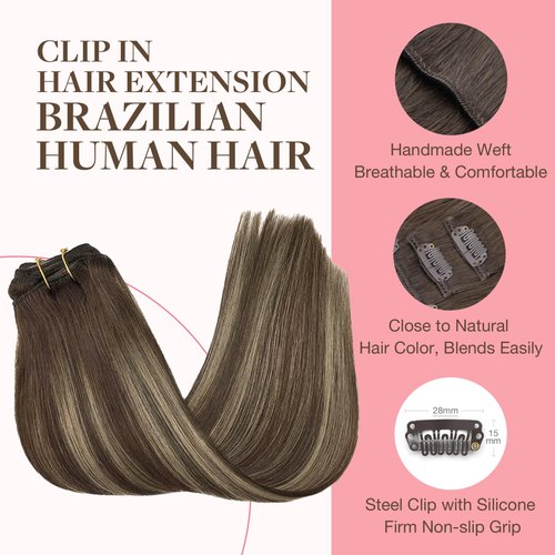 GOO GOO Clip in Hair Extensions Real Human Hair, 12inch 85g 7Pcs, 4/26/4 Balayage Chocolate Brown to Honey Blonde, Remy Human Hair Extensions Clip ins for Women, Natural Human Hair