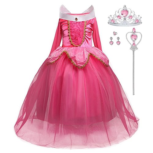 iTVTi Girls Princess Dress Up Halloween Party Costume with Crown Wand Earrings Ring, Pink, 4-5 Years (Label 120)