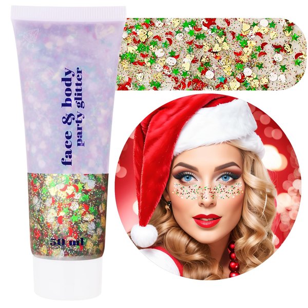 Paminify Christmas Makeup Face Glitter Gel,Green Red Body Glitter Gel Rave Accessories,Stocking Stuffers Kids Self-Adhesive Sequins Glitter,Sparkling Festival Party Gift for Women Girls,50ML