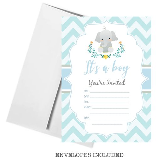 Product Hut 'It's a Boy' Elephant Baby Shower Invitations - Blue Chevron-Themed Invite Cards, Pack of 25 with Envelopes