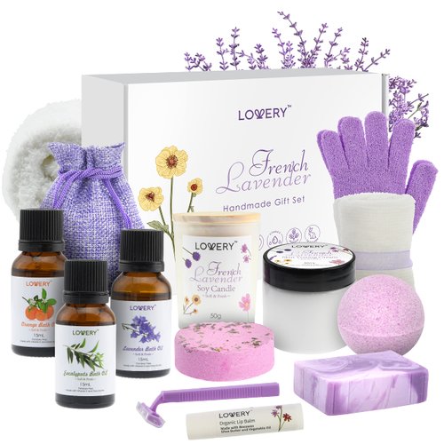 Christmas Bath Gift Set, 18pc French Lavender Relaxation Spa Gift Basket for Women & Men, Handmade Gift Box, Body Oils, Organic Lip Balm, Scented Candle, Bath Bomb & More, Spa Kit Gift for Birthday